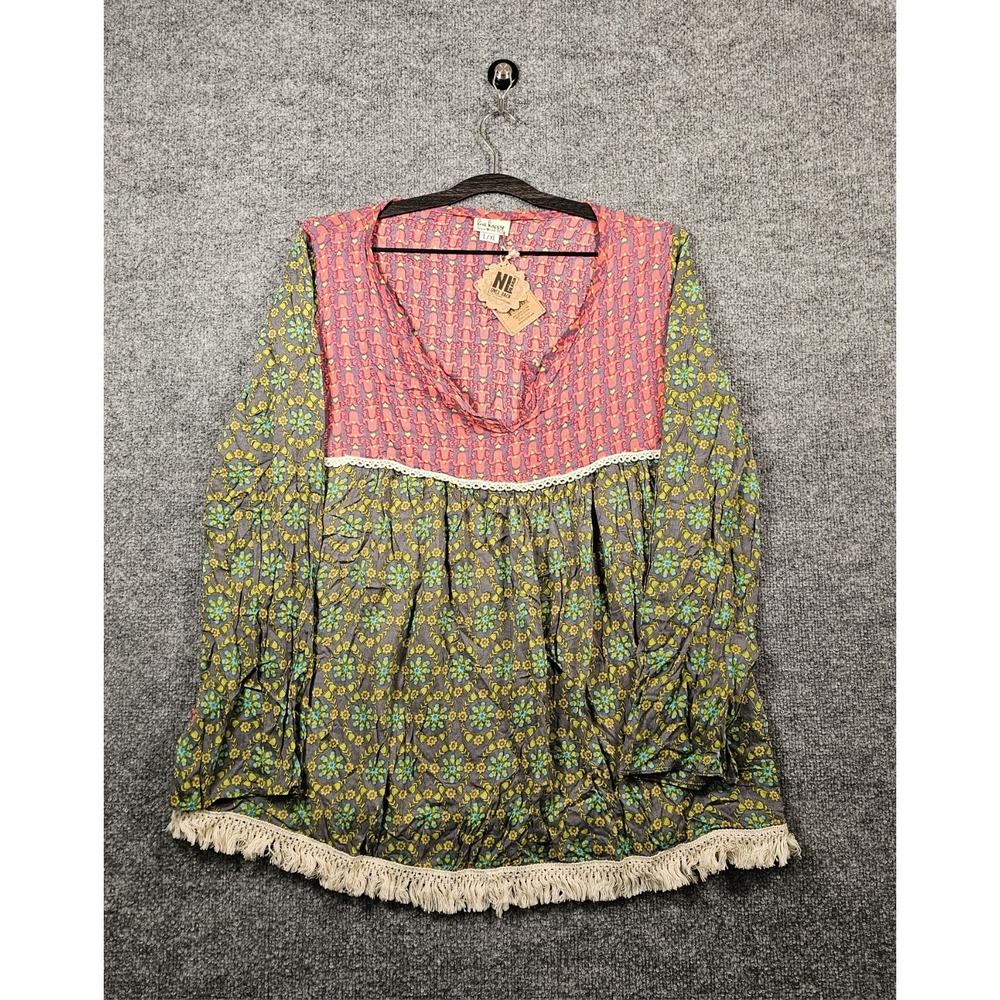 Natural Life Live Happy Top Boho Floral Cottage Core L/XL Floral Fringe